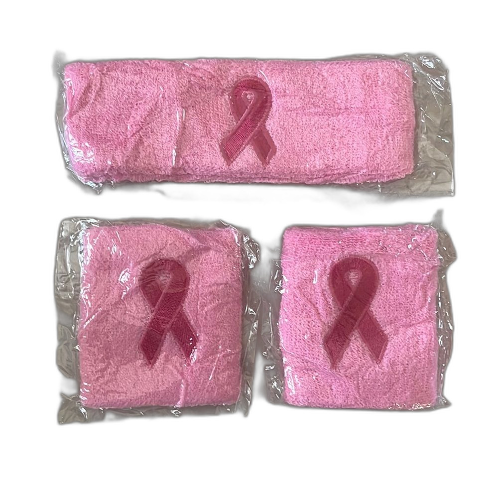 Pink Breast Cancer Awareness Ribbon Embroidery Headband and Wrist Sweatb…